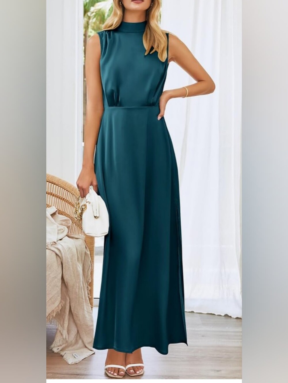 PRETTYGARDEN Teal Blue Satin Look Mock Neck Maxi Dress Size L